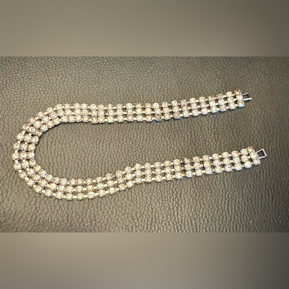 Vintage Rhinestone Choker Necklace 14” long. – Silver Tone – Mid Century Glam.
